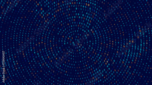 Blue Abstract Matrix Vortex Technology Background. Binary Computer Code Dynamic Spiral. Programming, Coding, Hacker Concept. Binary Numbers Moving in Spiral. Vector Illustration. Sci-fi Background. © ec0de