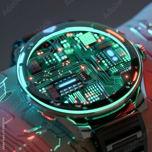 A neon lit smartwatch its semiconductor and circuit board core glowing with notifications a nexus of connectivity on your wrist