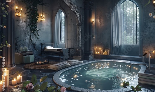 a stunning AI-crafted 3D model of a spa sanctuary  inspired by Daz3D  with grey furniture and walls  