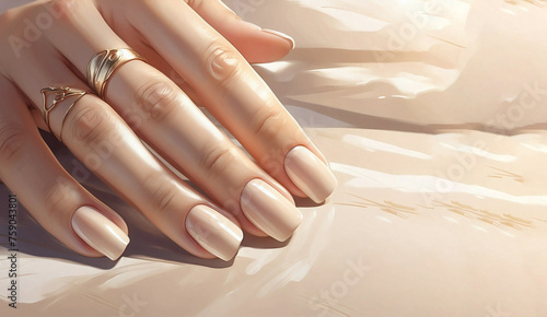 Female Hand with Beige Manicure on Shiny Background for Nail Care Advertisement photo