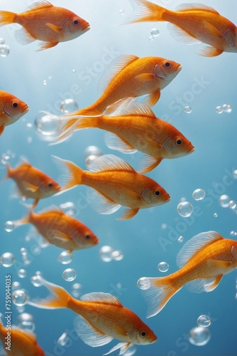 Group of Colorful Fish with Long Tails Swimming in Clear Bubble-filled Water, on a White