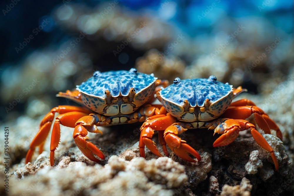 Pair of Crabs Sitting on Top of Coral: Amazing Underwater Macro World with Orange and Blue Tones