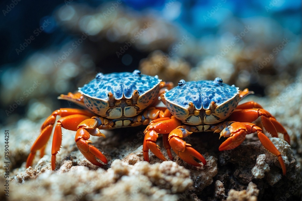 Pair of Crabs Sitting on Top of Coral: Amazing Underwater Macro World with Orange and Blue Tones Pair of Crabs Sitting on Top of Coral: Amazing Underwater Macro World with Orange and Blue Tones