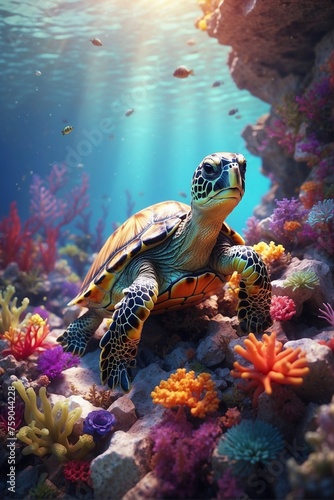 Turtle Swimming among Colorful Coral Reef: Underwater World of Mysterious Beauty