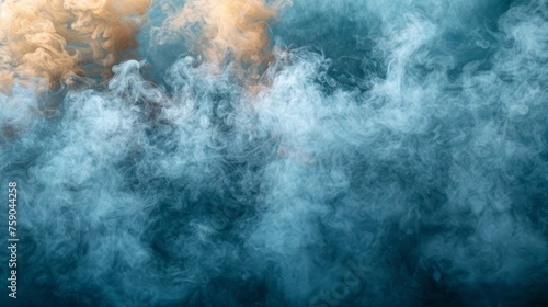 a large amount of smoke billowing out of the top of a blue and yellow smokestack in front of a black background.