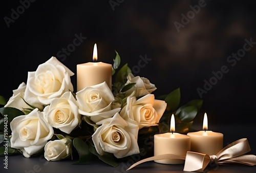 a group of white roses and candles