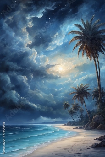 Palms on Night Beach under Clouds with Magnificent Spiral Skies