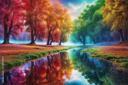 Reflection of Colorful Trees in the River: Natural Wonder