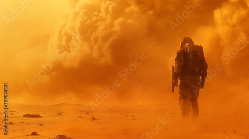 braving a sandstorm on a desolate planet. Intense science fiction scene capturing a moment of survival and exploration in a hostile environment, perfect for space adventure speculative storytelling