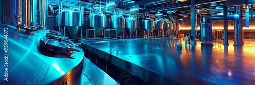 A brewery s fermentation tanks gleaming under fluorescent lights  hinting at the craftsmanship behind each batch of beer.