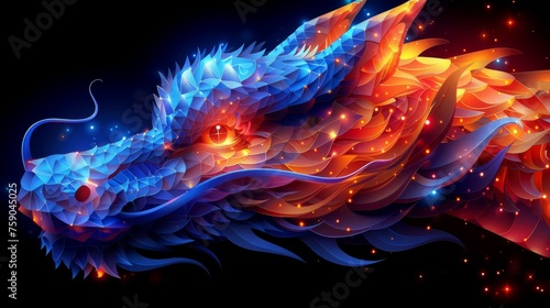 a blue and orange dragon on a black background with a red and blue pattern on it's back side. © Nadia