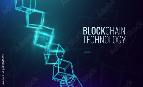 Blockchain Technology Abstract 3D Cubes Blocks Background. Crypto Currency, Fintech Concept. 3D Wireframe Blocks Network Connections. Future Finance System Concept. Vector Illustration.