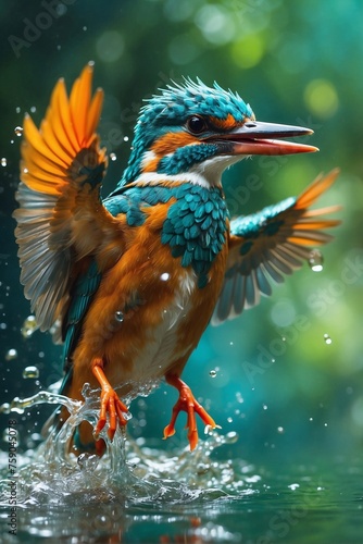 Kingfisher Flying Out of Water with Bright Colors, Water Splashes on Green Background. © alexx_60