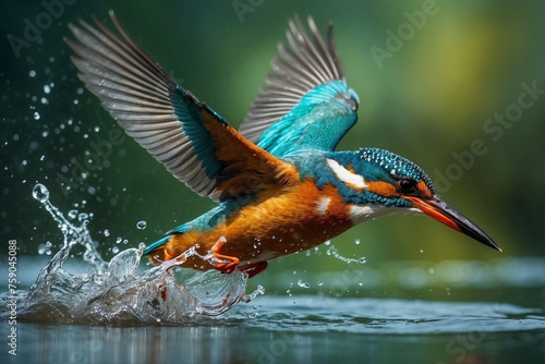 Obraz na płótnie Kingfisher Flying Out of Water with Bright Colors, Water Splashes on Green Background. w salonie