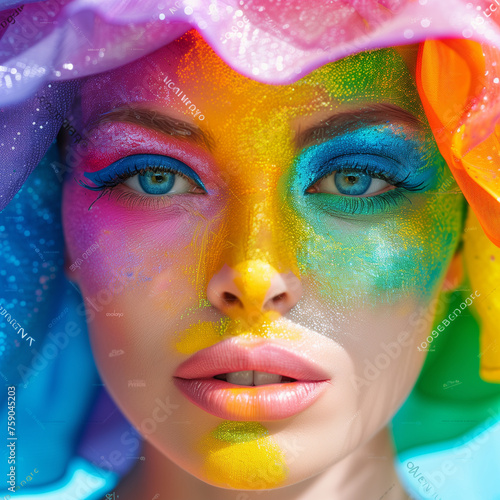 closeup portrait of beautiful rainbow face painted woman. Fashion model, cosmetic, make up,