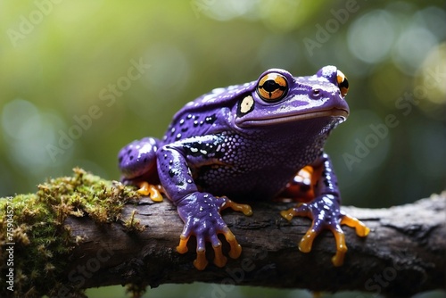 Purple Frog on Tree Branch in Orange-Purple Color Palette with Golden Speckles © alexx_60