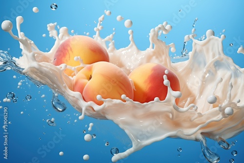 Juicy peach in yogurt splash on a blue background