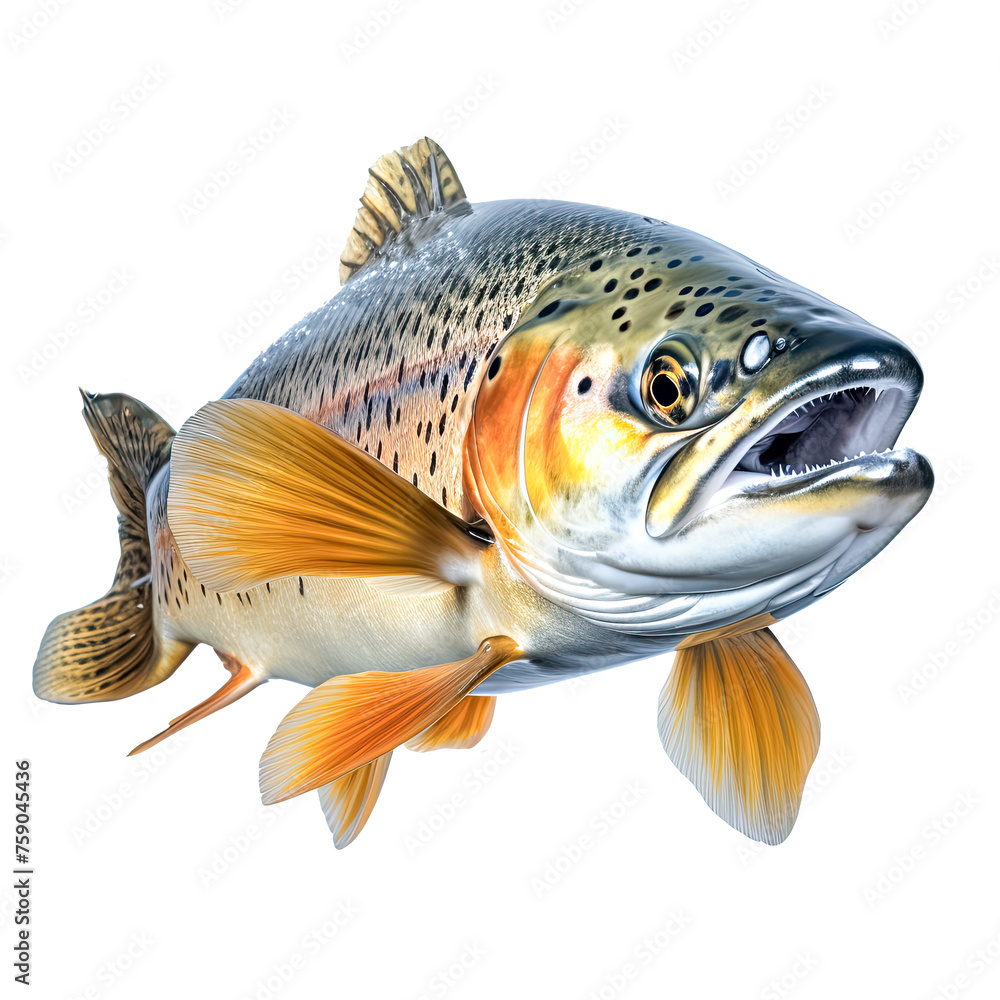 Speisefisch Forelle, freigestellt vor transparentem Hintergrund, Generative AI