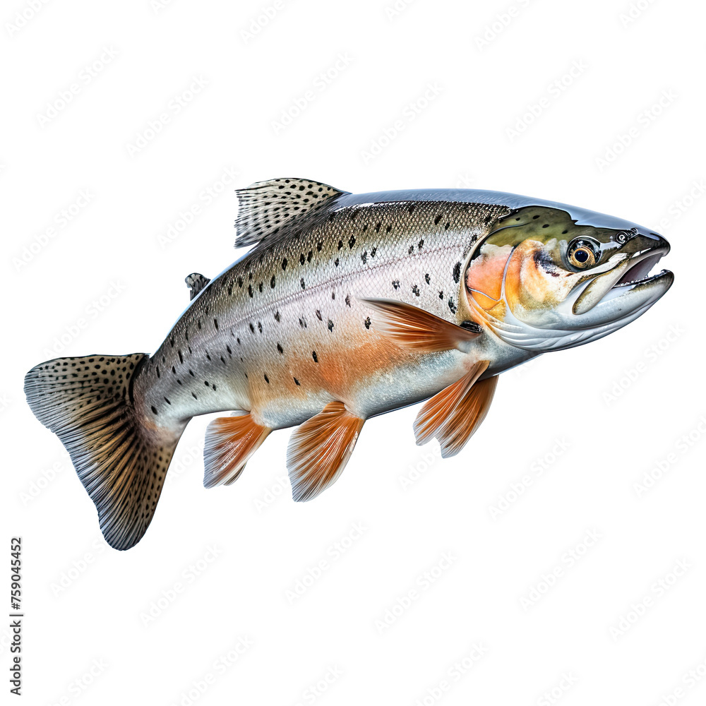 Speisefisch Forelle, freigestellt vor transparentem Hintergrund, Generative AI