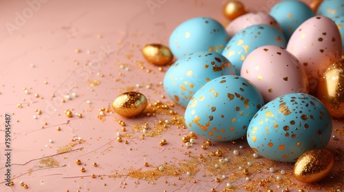 a group of blue and pink eggs with gold speckles on a pink surface with gold flecks.