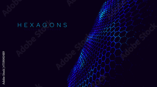 Graphene Technology Science 3D Background. Nanotechnology Honeycomb Lattice Nanostructure. Abstract Science Particles. Blue Network Connection Concept. Futuristic Honeycomb Concept. Vector