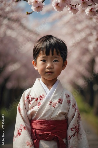 Little Japanese Boy in Kimono on Alley with Sakuras in Advertisement for Martial Arts School for Children