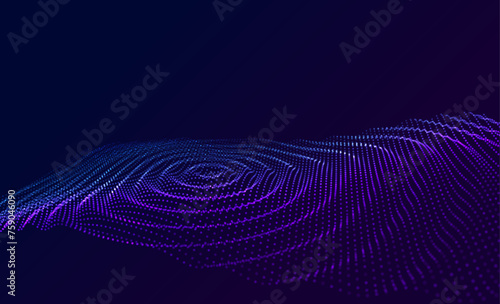 Futuristic Glowing Digital Wave. Water Drop Concept. Water Circle Ripples Particles Background. Modern Wireframe Mesh Vector Illustration.