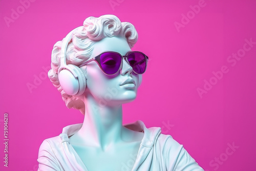 White sculpture of a goddess wearing pink sunglasses and headphones on a pink background.