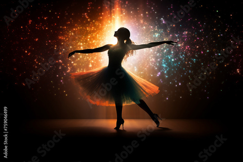 Generated with AI picture of female ballerina dancer wearing a delicate ballet dress while performing dance