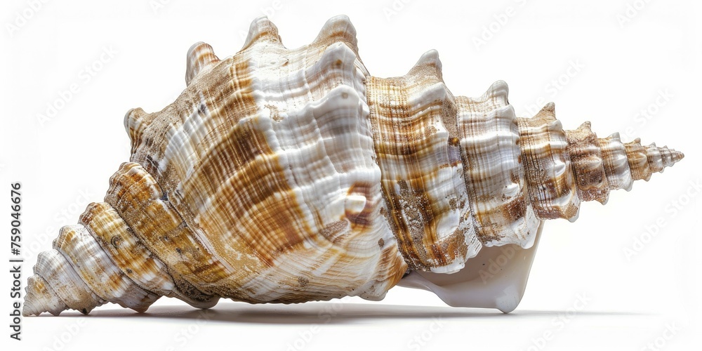 A stunning seashell with intricate textures on a pure white backdrop, creating a serene composition.