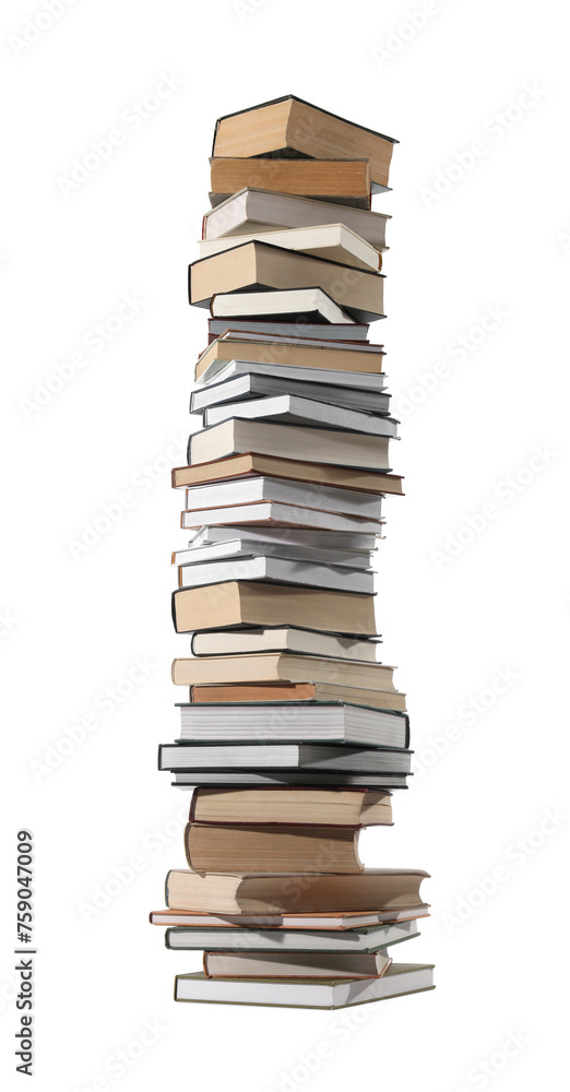 High stack of many different books isolated on white High stack of many different books isolated on white