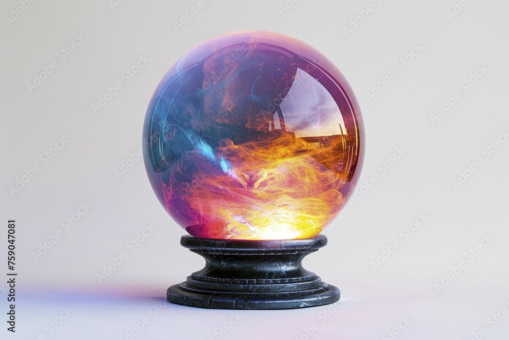 A shimmering crystal orb rests on a pedestal against a pure white backdrop. A shimmering crystal orb rests on a pedestal against a pure white backdrop.