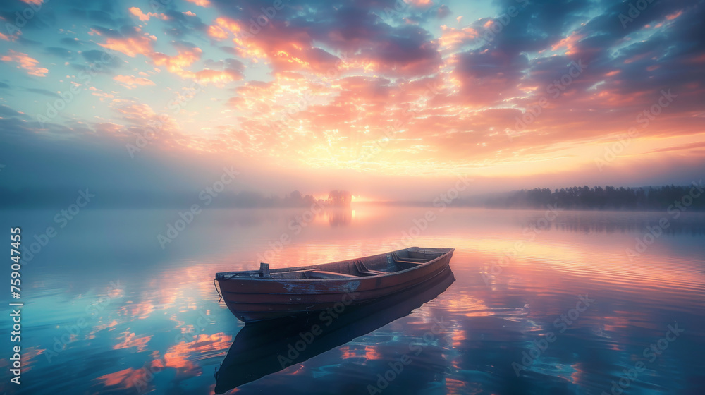 A tranquil scene with a lone boat floating on a glasslike lake under a sky painted with sunset hues