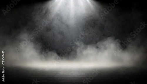 dark empty grungy show room with smoke and spotlights black walls and floor moody front view mockup background interior and studio concept illustration