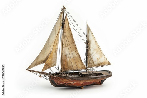 A small, intricately crafted sailboat sits alone against a white backdrop.
