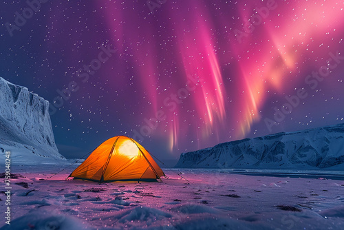 A glowing yellow camping tent under a beautiful northern lights aurora. travel adventure concept.