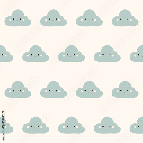 Cartoon Cloud Symbol Seamless Pattern. Simple Cloud Silhouette Textile Swatch. Baby Fabric Print Design. Simple Cloud Seamless Wrapping Paper, Wallpaper Print Design. 