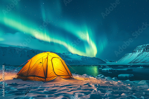 A glowing yellow camping tent under a beautiful northern lights aurora. travel adventure concept.