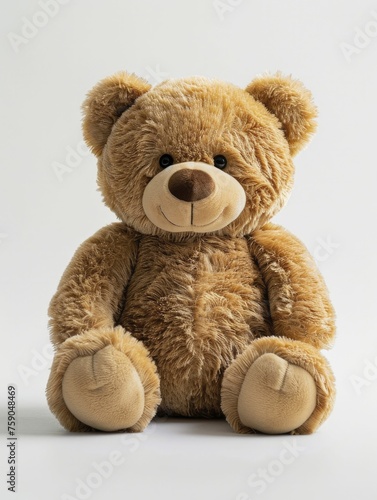 A plush teddy bear sits alone against a white backdrop, exuding warmth and comfort in its solitude.