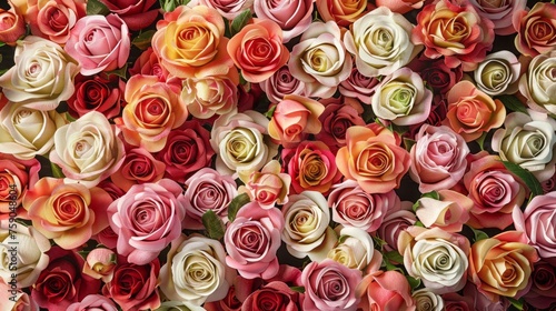 Red  white  yellow  pink roses in full bloom  background  top view