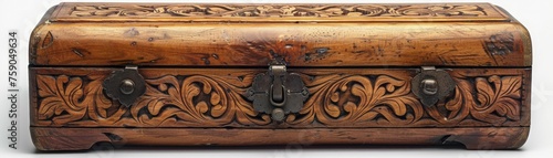 A small, intricately carved wooden box, isolated on a white background.