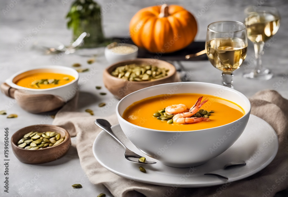 Delizia Iberica- Crema di Zucca con Gamberi e Semi, Servita in un Piatto Bianco