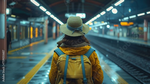 a woman wearing a hat and backpack standing in a subway station © Bogdan