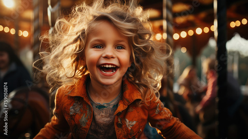 А happy young girl expressing excitement while on the saddle on the carousel horse in the amusement park, birthday, holiday, happy childhood, joy, generative AI photo