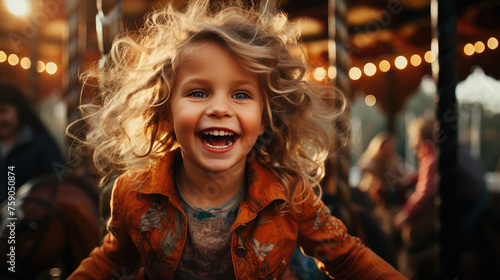 А happy young girl expressing excitement while on the saddle on the carousel horse in the amusement park, birthday, holiday, happy childhood, joy, generative AI