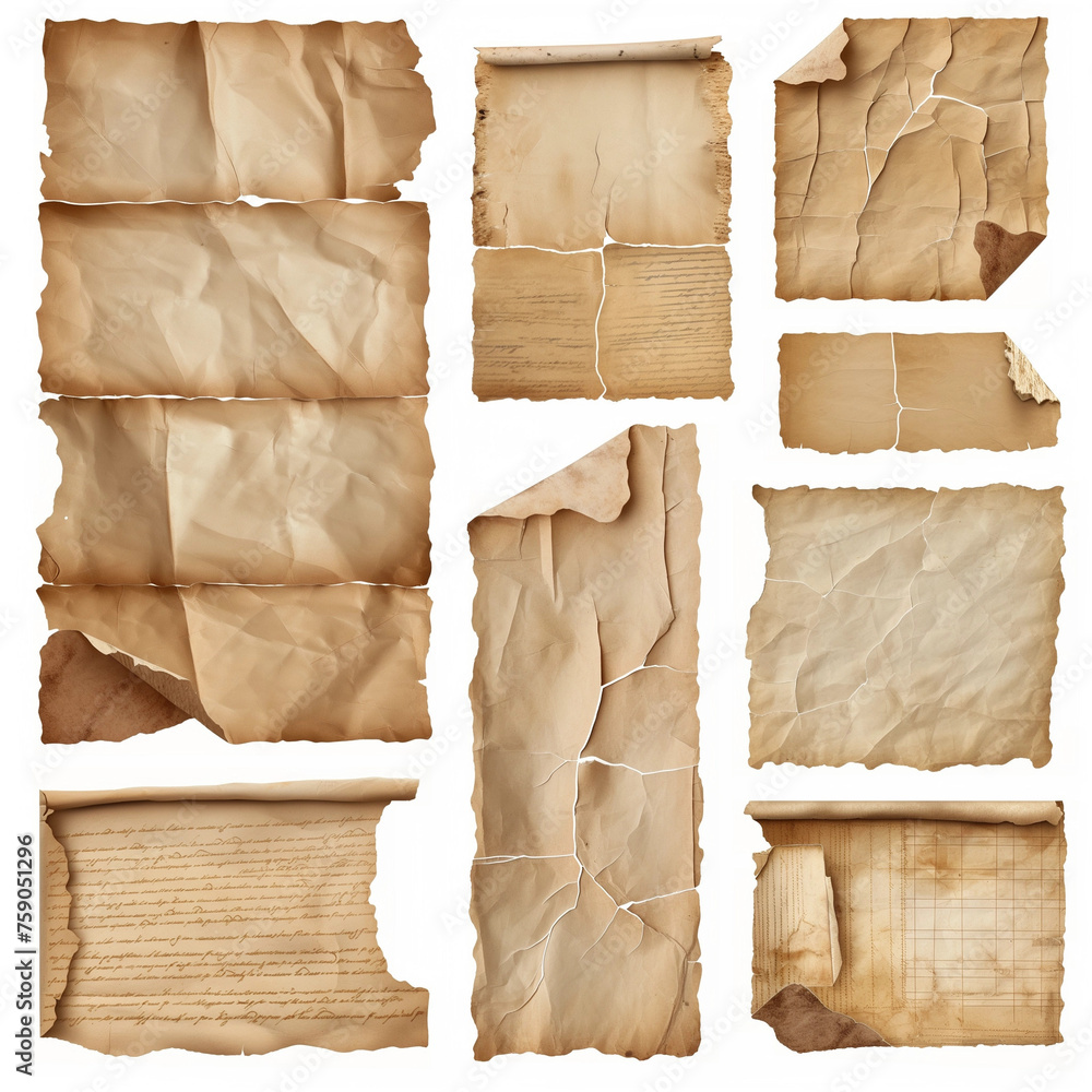 Ancient paper sheets. Cut out, images of medieval paper, crumpled and creased empty sheets. White background, torn and aged sheets.