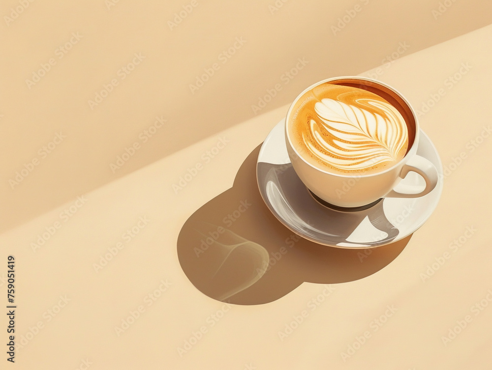 Cup of coffee on beige background, latte art Cup of coffee on beige background, latte art