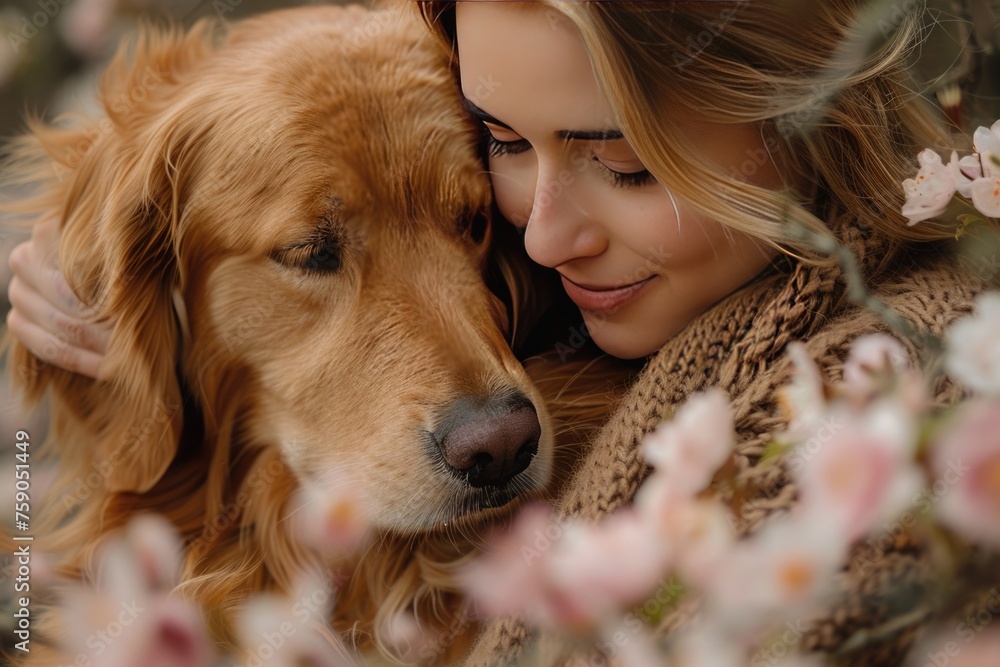 Woman Golden Retriever Dog Share a Bond Spring Flowers supportive animals, animal-assisted therapy