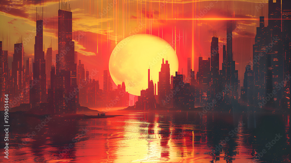 Futuristic vision of a city with vibrant colors. Abstract flat illustration, scifi future concept art,Sunset over the city with skyscrapers, 3d render
