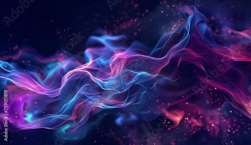 Abstract background. Banner size, Digital, technological, neural networks, AI. Energy waves, connection points, science fiction, space, colored lights. Complementary colors.